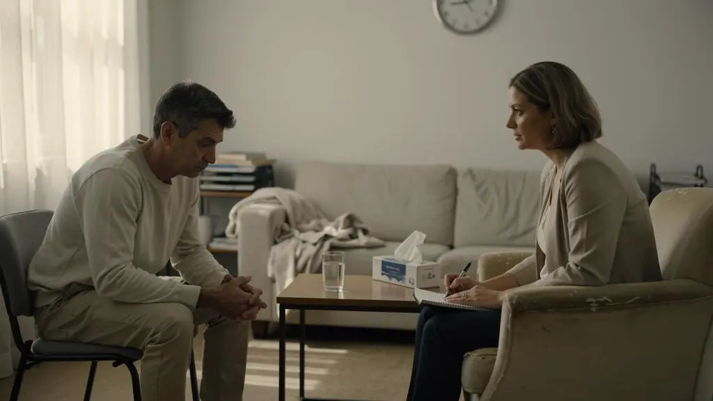 Un adulte assis face à une psychologue lors d'une première consultation, les mains jointes et le regard baissé, dans un cabinet éclairé par la lumière du jour.