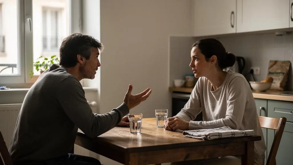 Deux adultes discutent avec des expressions tendues autour d'une table de cuisine dans leur appartement.