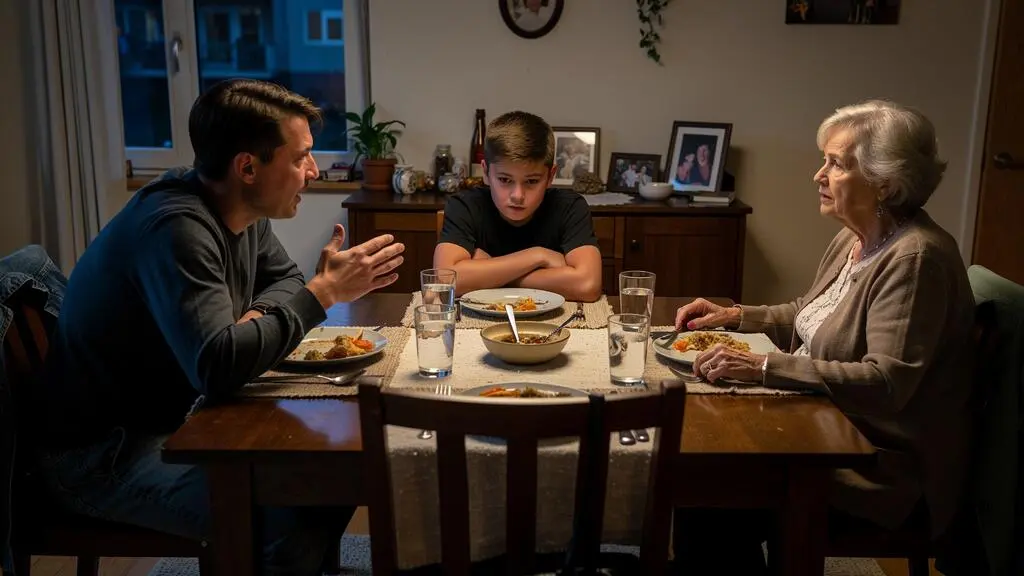 Une famille réunie autour d'une table de dîner, un parent qui gesticule en parlant pendant que l'adolescent baisse les bras et que les autres membres restent silencieux.