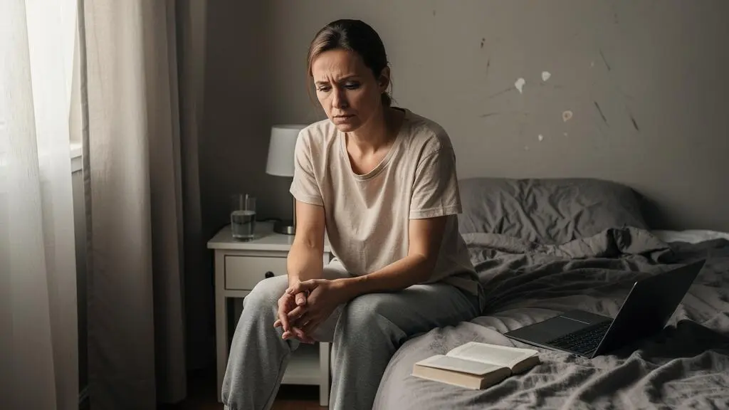 Une femme en tenue de détente est assise au bord de son lit un matin de week-end, le regard baissé, semblant fatiguée malgré le repos.