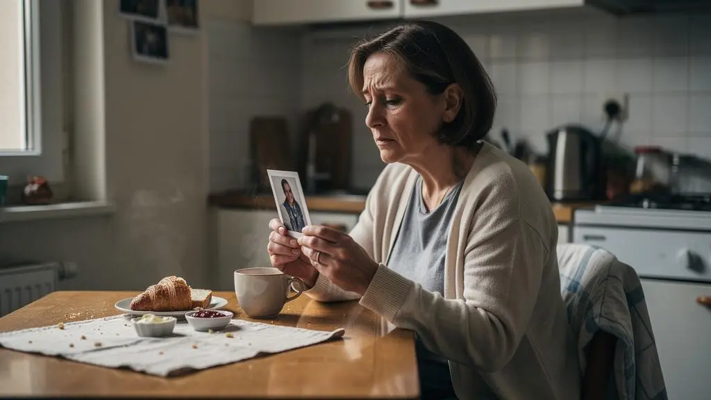 Une femme endeuillée regarde une photographie familiale à sa table de cuisine devant un petit-déjeuner entamé.