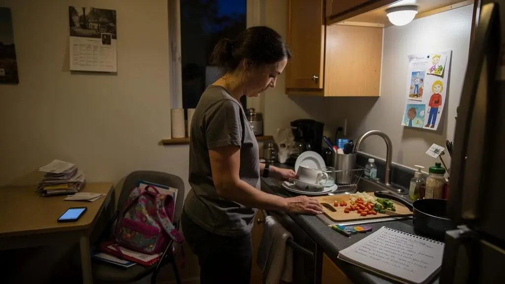 Une femme fatiguée termine la vaisselle dans une cuisine en fin de journée, entourée de courrier non ouvert, d'un téléphone allumé et d'objets du quotidien.