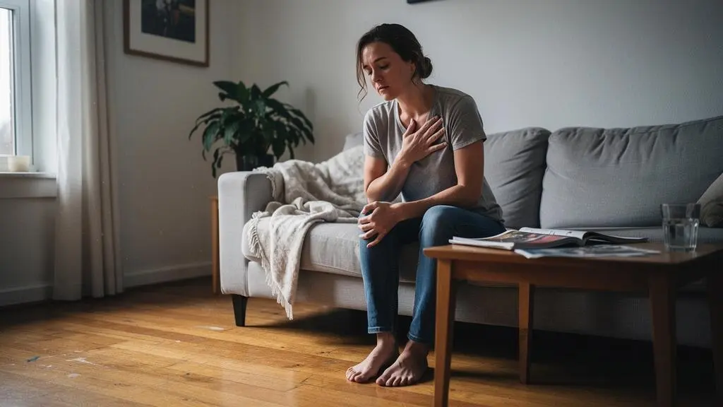 Une femme assise au bord d'un canapé les yeux fermés, une main sur la poitrine et l'autre serrée sur le coussin, les pieds au sol.