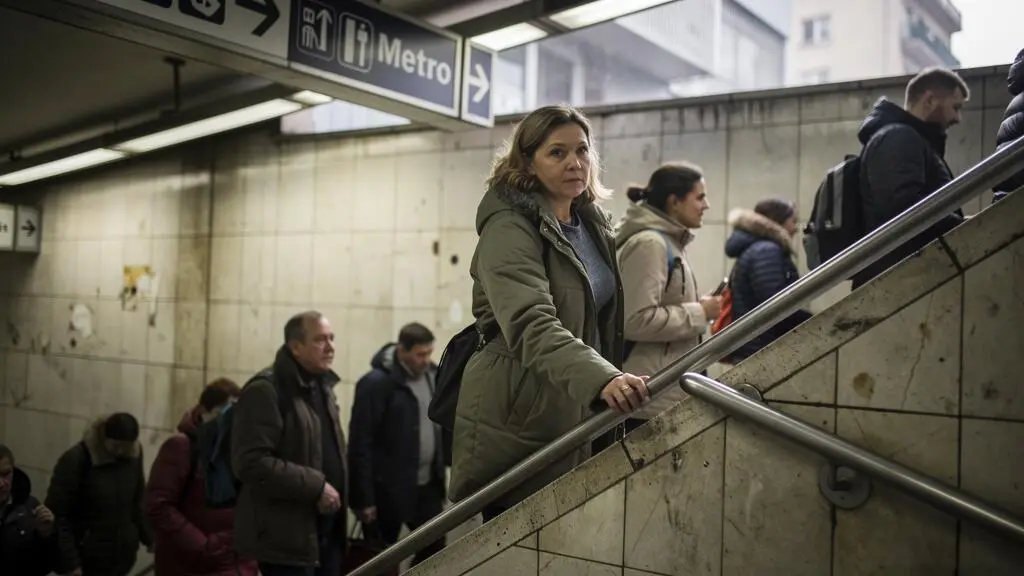 Une femme hésite au sommet des escaliers d'une station de métro tandis que d'autres voyageurs descendent autour d'elle.