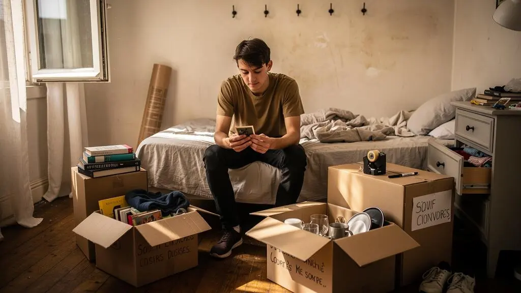 Un jeune adulte s'assoit sur le bord d'un lit au milieu de cartons ouverts, dans une chambre à moitié vidée pendant un déménagement.