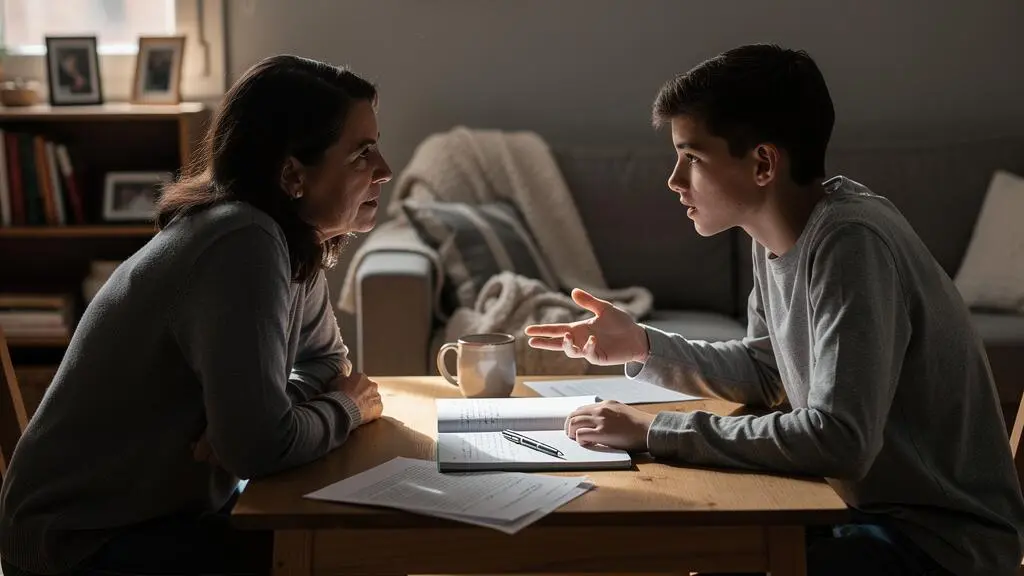 Un parent et un adolescent assis à une table du salon, discutant avec un carnet ouvert entre eux pendant une négociation sur les règles familiales.