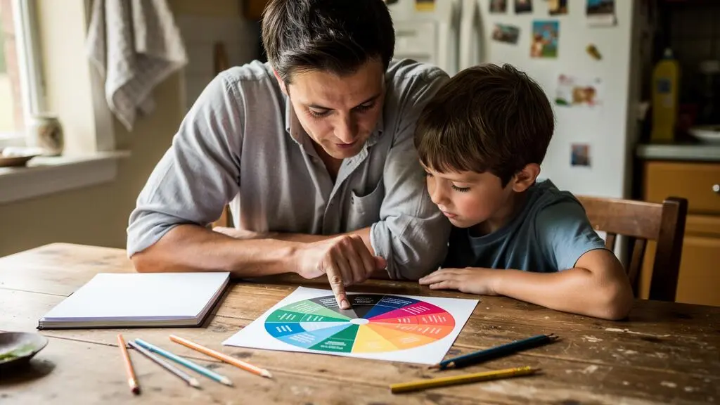Un parent et un enfant assis à une table examinent ensemble une roue des émotions imprimée, l'enfant pointant du doigt l'un des segments.