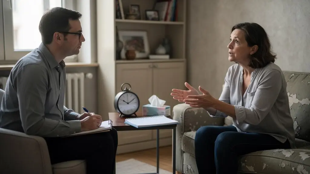 Un praticien et une patiente discutent face à face dans un cabinet de consultation éclairé par la lumière naturelle, un agenda et une horloge posés sur la table basse.
