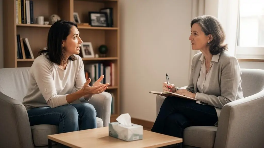 Une femme échange avec une psychologue lors d'une première consultation dans un cabinet aménagé avec deux fauteuils.