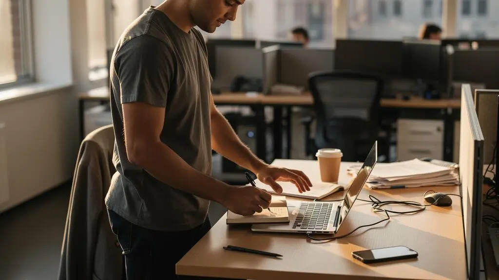 Un salarié ferme son ordinateur portable le soir tout en notant une dernière chose dans un carnet posé sur son bureau dans un bureau ouvert.