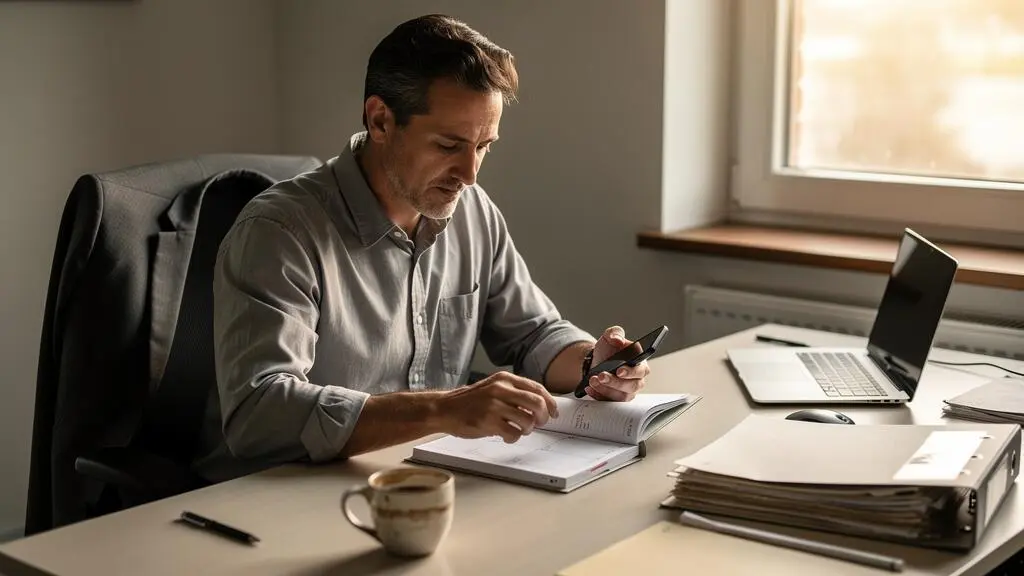 Un salarié assis à son bureau en fin de journée compare un agenda papier avec son téléphone pour replacer un rendez-vous.