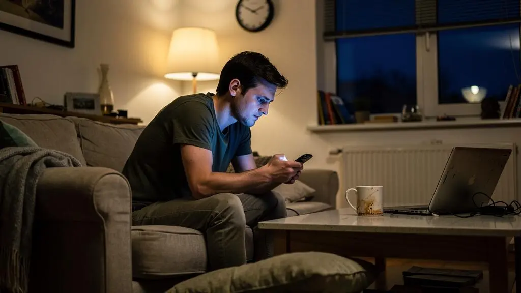 Une adulte assise sur un canapé en fin de soirée, le regard absorbé par son téléphone, autour d'elle une pièce à vivre avec des objets du quotidien.