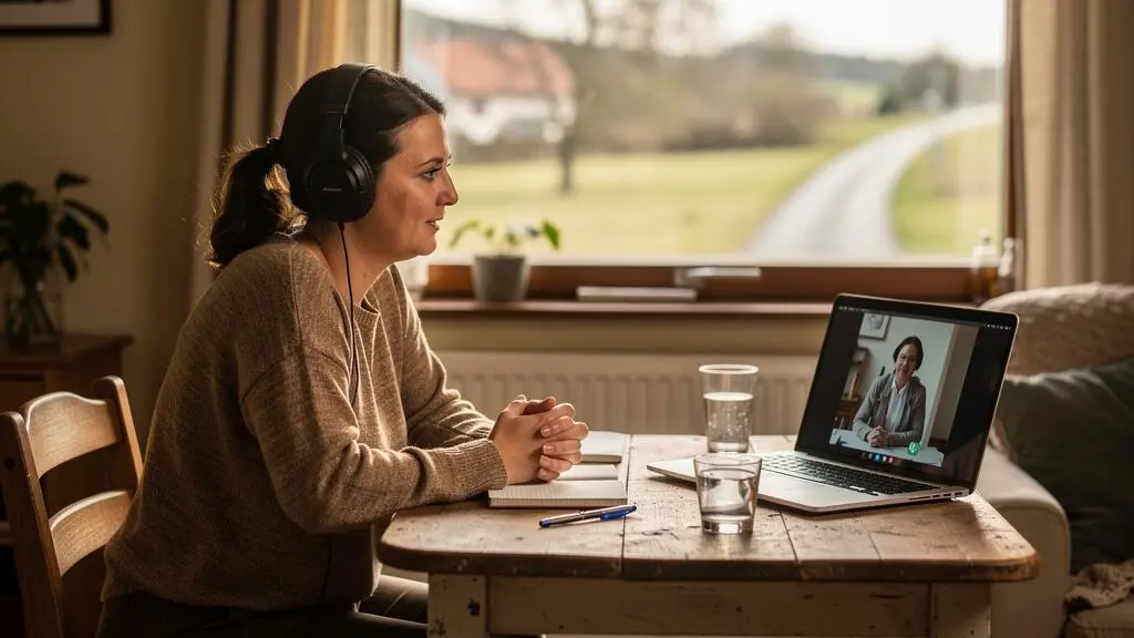 Une femme suit depuis son salon une séance de téléconsultation psychologique sur un ordinateur portable, avec un casque audio et un carnet sur la table.